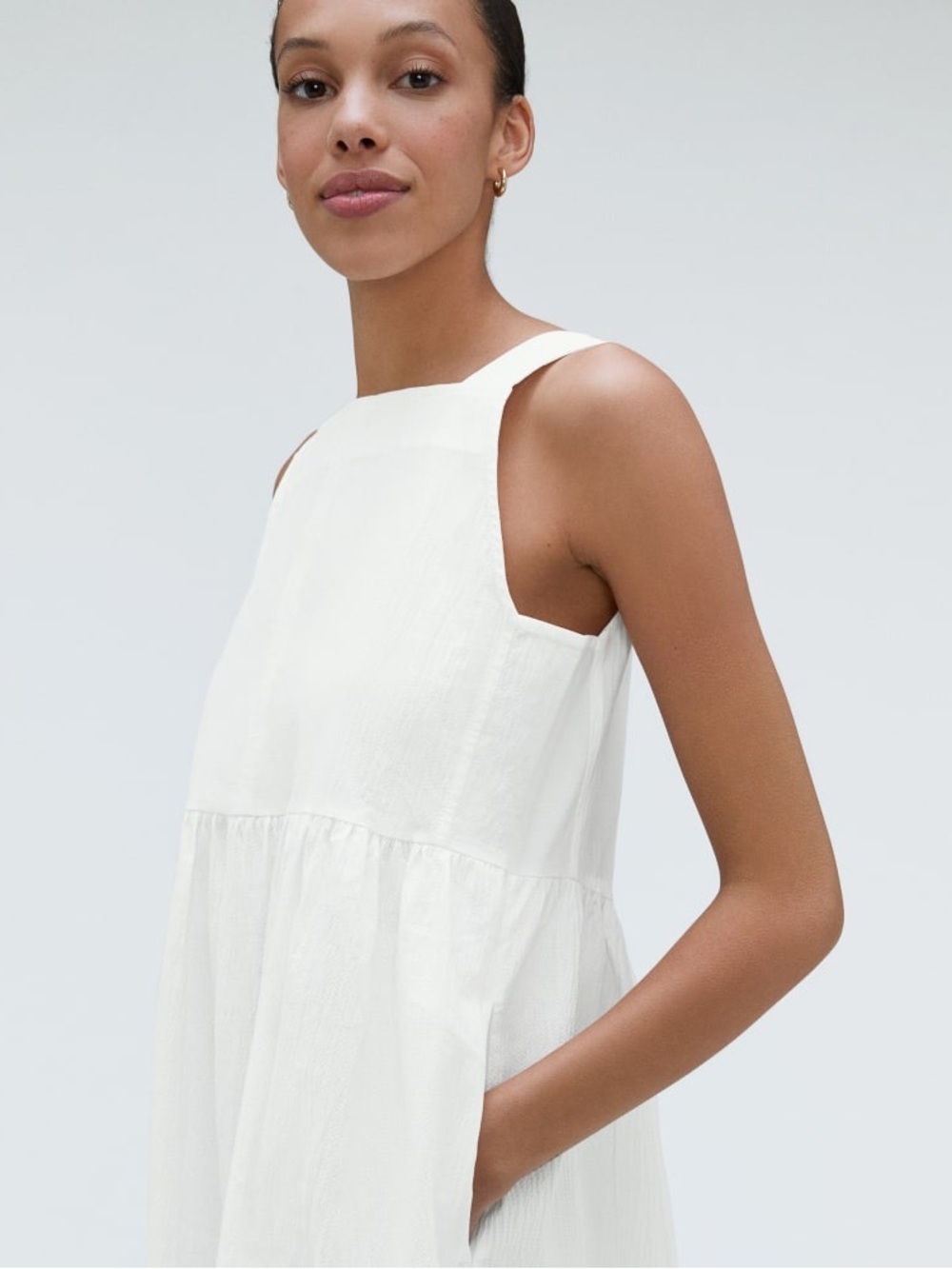 Everlane White Cotton Seersucker Square Neck Sleeveless Midi Dress Pockets XS